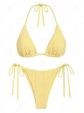 Seamolly Floral Jacquard Textured Lace Trim Halter Triangle Tie Side Bikini Set